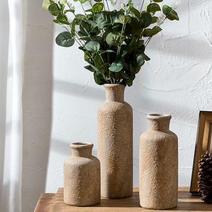 Ceramic Rustic Farmhouse Vase Set of 3,Terracotta Vases for Decor,Antique Vase for Your Bedroom,Office,Living Room,Fireplace,Bookshelf Decor,Housewarming (10+7.5+5 Inch)
