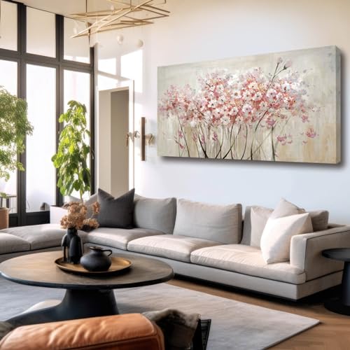 YJYart Home Decor Pink Blossom Hand Painted 30x60 Inch Colorful Wall Art Large Canvas Wall Art for Living Room Bedroom Office Kitchen - color: Pink, size: 58"L x 29"W