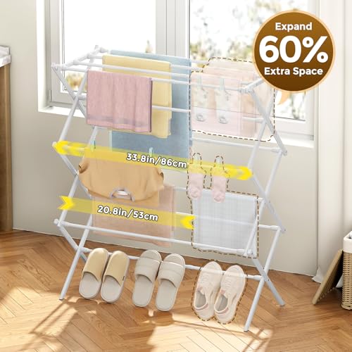 KINGBOARD 3-Tier Extendable Clothes Drying Rack, Small & Foldable, White | 37.4"H x 33.8"W x 11.2"D, Space-Saving Collapsible, Easy Assembly, Rust-Resistant Iron Frame, Indoor Outdoor Use, 25lb - color: White