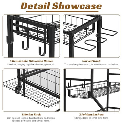 Heavy Duty 3-Tier Sports Equipment Organizer, Large Capacity Garage Storage Rack with 5 Removable Mesh Baskets, Lockable Casters, Bat Holder & Hooks for Balls, Rackets, Gear in Home, Gym, Sc