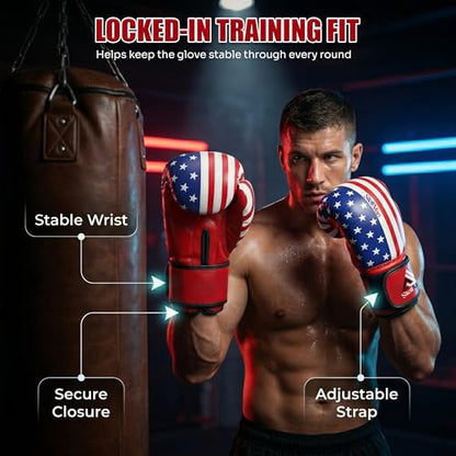 Boxing Gloves USA Flag Design for Men & Women 8oz-12oz – Muay Thai MMA Kickboxing Pro Training Sparring Gloves with Hook and Loop Wrist Support and Ventilation - size: 8 OZ