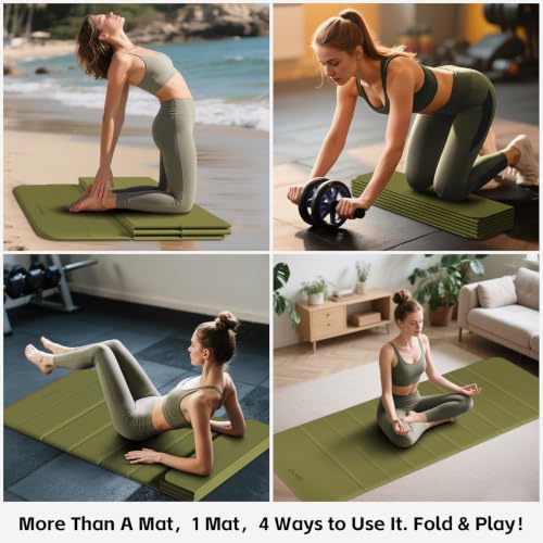 LVME Foldable Yoga Mat Thick, 76"x26"x0.4" Extra Long, 10mm Exercise Mat - color: Sage Green