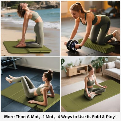 LVME Foldable Yoga Mat Thick, 76"x26"x0.4" Extra Long, 10mm Exercise Mat - color: Sage Green