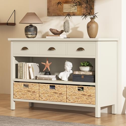 Wood Accent Console Table with Drawer, 3-Tier Entryway Table with Storage Shelves and 3 Water Hyacinth Woven Baskets Sideboard Table Cabinet with Storage - Antique White
