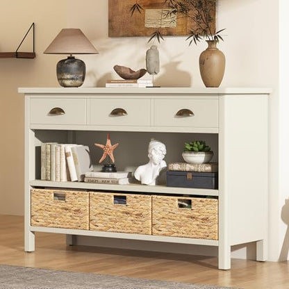 Wood Accent Console Table with Drawer, 3-Tier Entryway Table with Storage Shelves and 3 Water Hyacinth Woven Baskets Sideboard Table Cabinet with Storage - Antique White