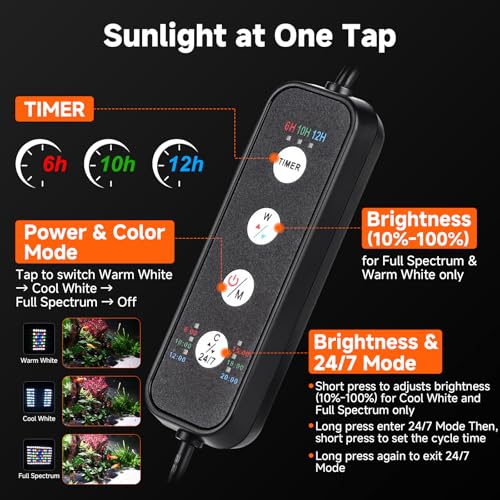 fishkeeper Clip On Aquarium Light, 24/7 Fish Tank Light with Timer, DIY 3 Colors & 10 Brightness Full Spectrum Aquarium LED Lights with Adjustable Metal Clamp for Freshwater Plants Fish Tanks (100W)