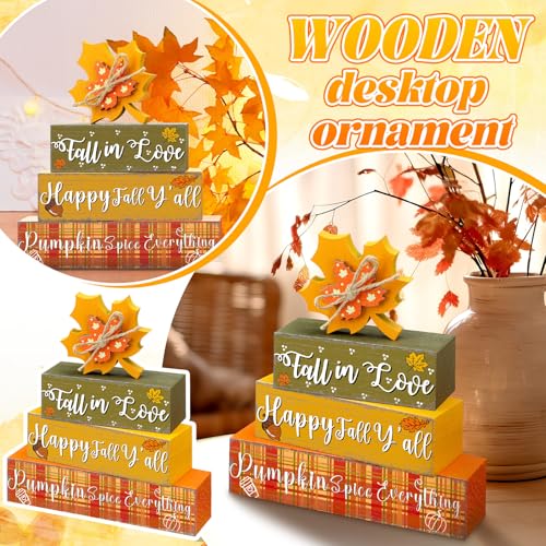 4 Pcs Thanksgiving Decorations Fall Wooden Sign Maple Leaves Thanksgiving Pumpkin Table Centerpiece Tiered Tray Decor Fall Wood Blocks Tiered Tray Decor Table Top Sign for Home - style: Maple Leaves