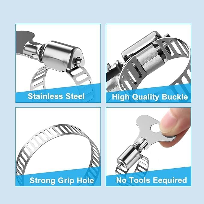 10-Pack 304 Stainless Steel Hose Clamps, 21-38mm (13/16"-1 1/2") Adjustable Thumb Screw Key-Type, for Plumbing, Automotive, Marine & Machinery Applications