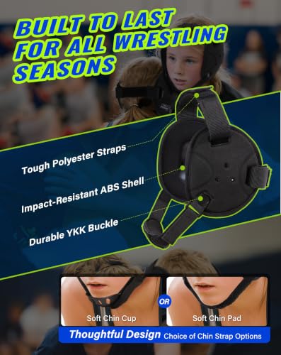 Trymaker Wrestling Headgear, Head Gear for Youth with Chin Cup & Pad - color: Black Headgear & Black Strap