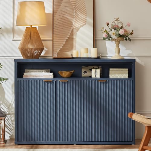 LEYAOYAO Fluted Buffet Cabinet with Storage, 45" Wide Wood Sideboard Credenza with 3 Doors & Open Storage Shelf, Modern Kitchen Console Accent Cabinets, Coffee Bar Table for Dining Room, Dark Blue - color: Dark Navy Blue, size: 15.35"D x 45.30"W x 31.89"H