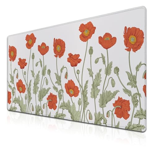 Gaming Mouse Pad Red Work Desk Mat, Large Mouse Pads Computer Deskmat, The Desk Mat Non-Slip Rubber Base Waterproof with Stitched Edges, 35.4" X 15.7" for Work/Game/Office/Home Poppies Flower - color: Red Poppies Flower
