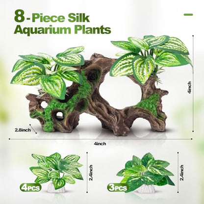 8 Pcs Fish Tank Decor，Silk Aquarium Plants Green Silk Leaf pad Hammock Artifical Driftwood cave Betta Fish Tank Accessories 7 x 2.8 x 4 inches(LxWxH) - size: 8 Pcs Silk Aquarium Plants（Style C）