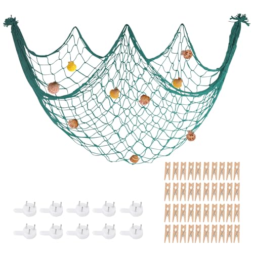 80x40 Inch Decorative Fishing Net w/Shells & Clips, 3mm Thickness Aqua Natural Cotton Large Photo Hanging Fishnet, Wall Party Decorations for Nautical Pirate Hawaii Underwater Mermaid Themed Party - color: Aqua, size: Large - 1 Pack with shells
