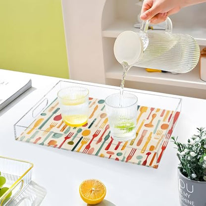 Acrylic Tray Clear Serving Vanity Ottoman Bathroom Coffee Table Countertop Organizer Raised Edge Spill Proof Cartoon Knives Forks Spoons - color: Cartoon Knives Forks Spoons