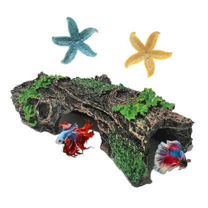 Starfish and Resin Hollow Tree Trunk Fish Tank Decorations, Betta Fish Tank Accessories, Aquarium Arnaments Hollow Tree x 1pc, Fish Aquarium Decorations Starfish x 2pcs(Blue and Yellow)