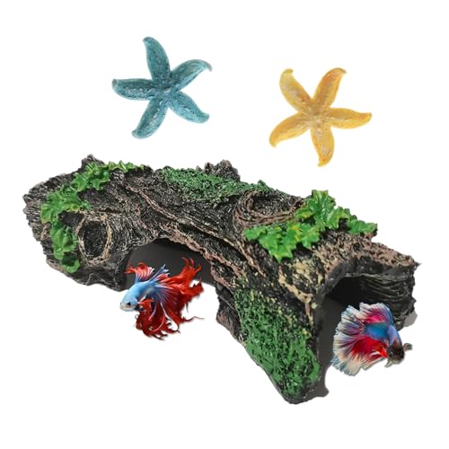 Starfish and Resin Hollow Tree Trunk Fish Tank Decorations, Betta Fish Tank Accessories, Aquarium Arnaments Hollow Tree x 1pc, Fish Aquarium Decorations Starfish x 2pcs(Blue and Yellow)