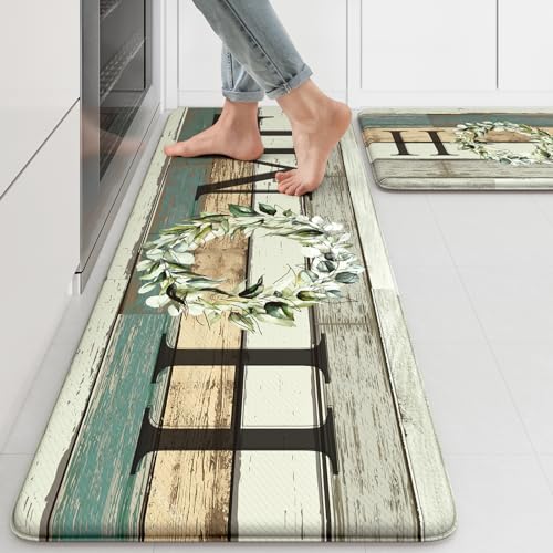 KIMODE Kitchen Mats 2PCS,Cushioned Anti Fatigue Farmhouse Kitchen Rugs and Mats,Non Skid Waterproof Kitchen Mats for Floor,Comfort Foam Standing Desk Mat for Home,Office,Sink,Laundry