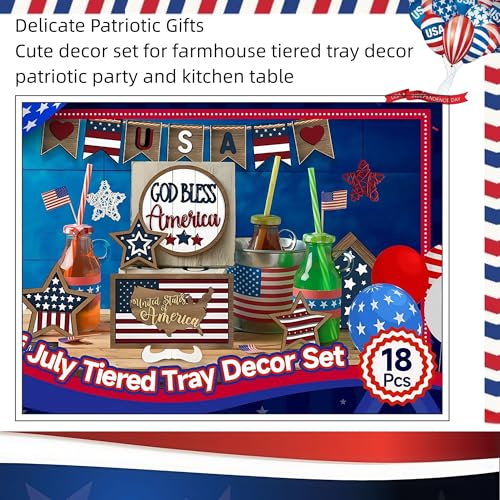 18 Pcs 4th of July Tiered Tray Decor Set - Patriotic Wooden Signs with Rustic Farmhouse Stars, Red White Blue Centerpieces for Independence Day Table & Mantel Decor(No Tray) - size: 7.1"