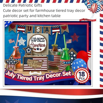 18 Pcs 4th of July Tiered Tray Decor Set - Patriotic Wooden Signs with Rustic Farmhouse Stars, Red White Blue Centerpieces for Independence Day Table & Mantel Decor(No Tray) - size: 7.1"