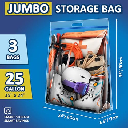 25 Gallon Extra Large Resealable Storage Bags with Zipper Top，35" x 24" Heavy Duty Clear Bags with Handles, 4 Mil Thick, Perfect for Clothing, Pillows, Travel, and Moving (3 Packs)