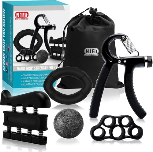 N1Fit Grip Strength Trainer Kit - 5 Pack Forearm Wrist Finger Grip Strengthener - Adjustable Resistance Hand Gripper Exerciser Strength Workout