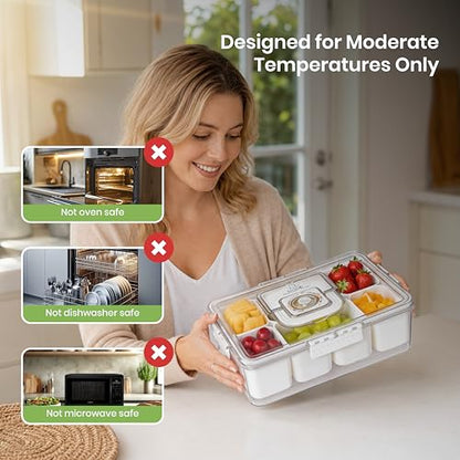 Portable Snackle Box Container with Ice Pack – 8-Compartment Snack Tray with Lid, Divided Serving Tray & Drain Trays, Ideal Charcuterie Snack Cooler for Picnic, Travel & Parties