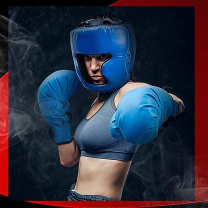Kanayu 3 Pcs Boxing Headgears 3 Pair Gloves Set - color: Black, Blue, Red
