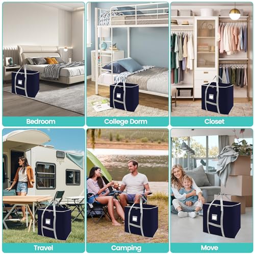 3 Pack 75L Heavy Duty Moving Bags, Large Tote Bags, Space Saving, for Storage & Moving, with Reinforced Handles & Sturdy Zippers (Blue)