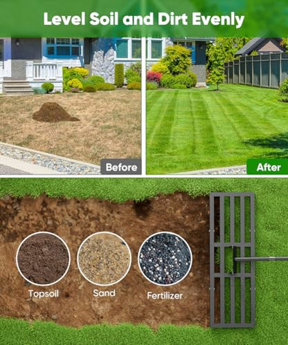 Lawn Leveling Rake 44x10 inch, Heavy Duty Lawn Leveler Tool with 77” Adjustable Long Handle, Powder-Coat Steel Garden Rake, Ground Leveler for Yard Smoothing Soil Grass Dirt Sand, Black - style: L-44x10in