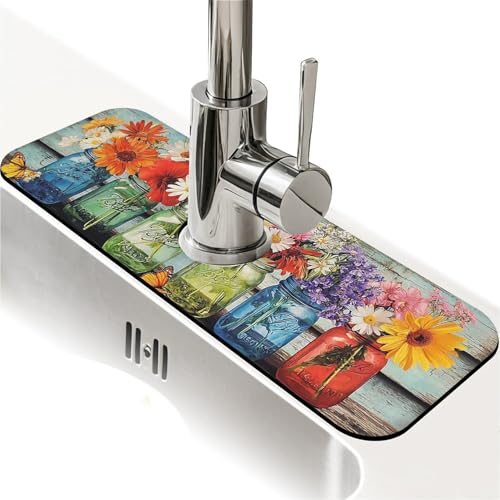 Kitchen Sink Splash Guard，colorful mason jars-1 Faucet Mat Sink Gadgets-Super Absorbent Fast Drying Mat Drip Catcher for Kitchen, Bathroom,Sink Mat, Dish Drying Mat, Bathroom(15" X 5.5" ) - color: colorful mason jars-1