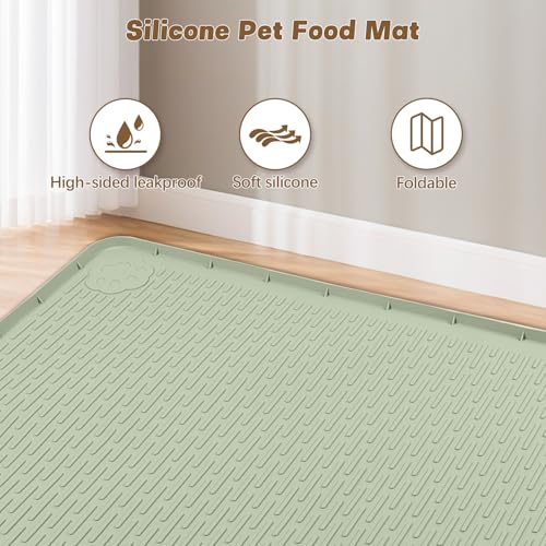 Cat Food Mat, 40" x 28" Cat Litter Mat Extra Large Silicone Pet Feeding Mat with Raised Edge Pet Placemat for Food and Water Bowl Non-Slip, Easy to Clean, Floor Protection (Green) - color: Green Mat