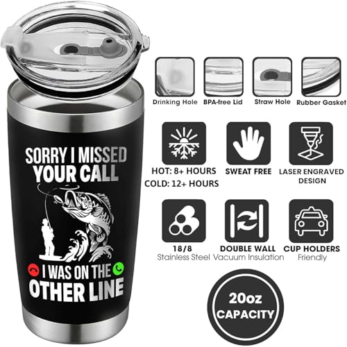 Fathers Day Fishing Gifts - Sorry I Missed Your Call I Was On The Other Line Fish Tumbler - Fish Cup for Men, Dad, Father - Christmas Birthday Fisherman Gifts - Fisherman Retirement Gift