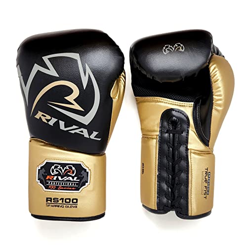 RIVAL Boxing RS100 Professional Lace-Up Sparring Gloves, Handcrafted with Super-Rich Microfiber PU, Ergonomically Designed to Perfectly Fit Your Hand - color: Black/Gold, size: 14 oz.