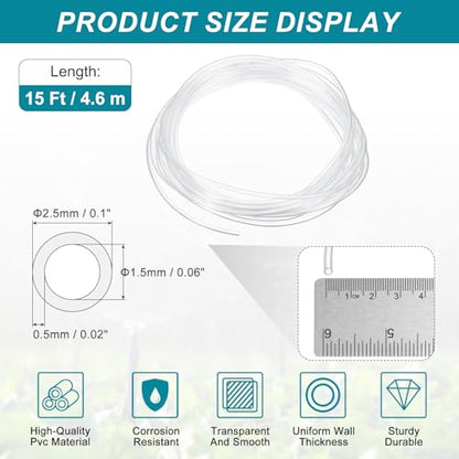 uxcell Clear PVC Tubing, 1.5mm ID x 2.5mm OD - 15ft PVC Tube Lightweight Vinyl Hose, Transparent Flexible Plastic Water Tubing for Air Oil Water Transfer Aquarium Irrigation - size: 1.5mm ID x 2.5mm OD