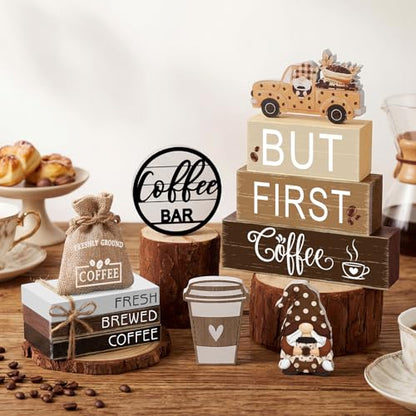 11 Pcs Coffee Bars Table Decorations Coffee Tiered Tray Decor Farmhouse Table Centerpiece Wooden Books Home Tabletop Decor for Home Kitchen - style: Coffee