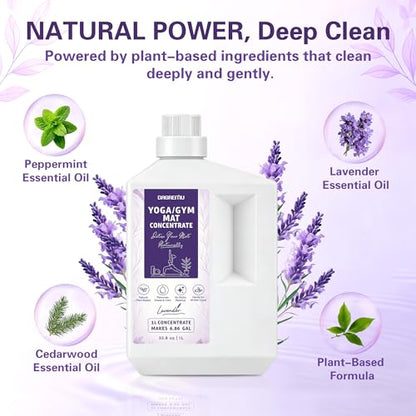 Yoga Mat Cleaner Concentrate Makes 6.86 Gal(1:25) - Removes Sweat & Odor | Powered By Essential Oil, Yoga Mat Cleaner Spray - No Sticky Residue, Plant Based & Safe for All Mats(33.8oz, Lavender) - size: 33.8 Fl Oz (Pack of 1)