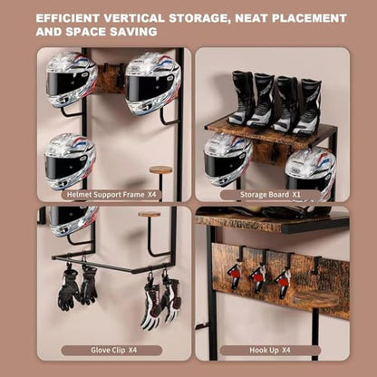 Motorcycle Helmet Holder Wall Mounted, Helmet Wall Mount with 4 Hat Stands and 4 Hooks, Motorcycle Gear Rack for Most of Helmet and Clothes, Motorcycle Accessories Gear Storage for Men