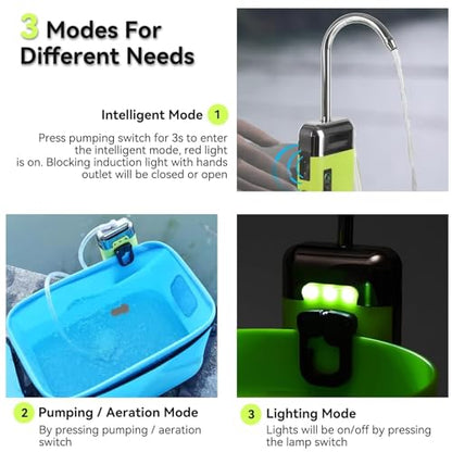 Aquarium Air Pump, Adjustable 3 Modes Fishing Oxygen Pump Quiet Bubbler Fish Tank Aerator with LED Light, USB Charging Portable Electric Air Pumps with Accessories