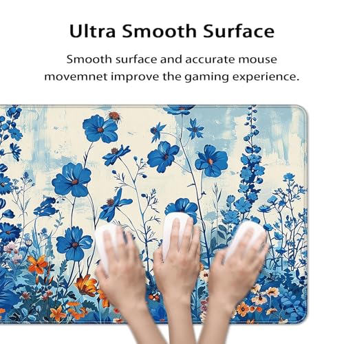 35.4 x 15.7 in, XXL Large Mouse Pad for Desk, Extended Keyboard Mouse Mat for Computer Office, Big Mouse pad with Stitched Edges, Gaming Pc-Blue Flower and Weeds - color: Blue Flower and Weeds