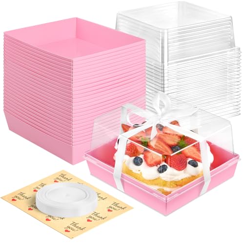 Pink Paper Cake Boxes with Clear Lids, 7 x 7 x 4 Inches, 20 Pack | Square Charcuterie Boxes, Disposable To Go Food Containers, For 4-6 Inch Cake, Jumbo Cupcakes, Bakeries - color: Pink
