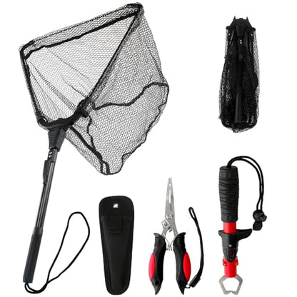 3Pcs Fishing Tool Kit Includes Folding Fishing Landing Net, Fish Lip Gripper, Multifunctional Pliers with Lanyard Sheath, Fishing Gear Accessories Equipment Gifts for Fishermen