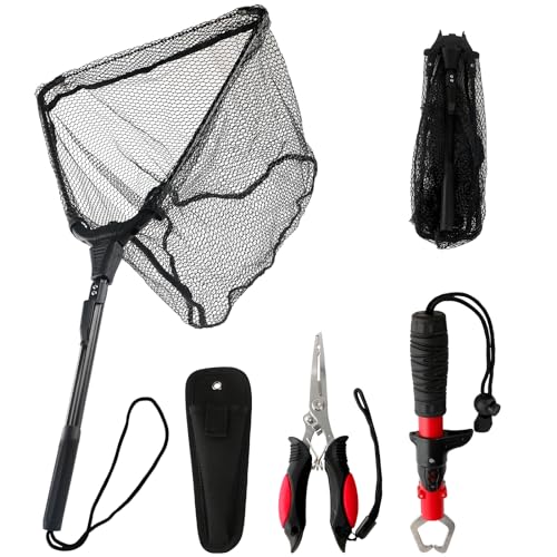 3Pcs Fishing Tool Kit Includes Folding Fishing Landing Net, Fish Lip Gripper, Multifunctional Pliers with Lanyard Sheath, Fishing Gear Accessories Equipment Gifts for Fishermen