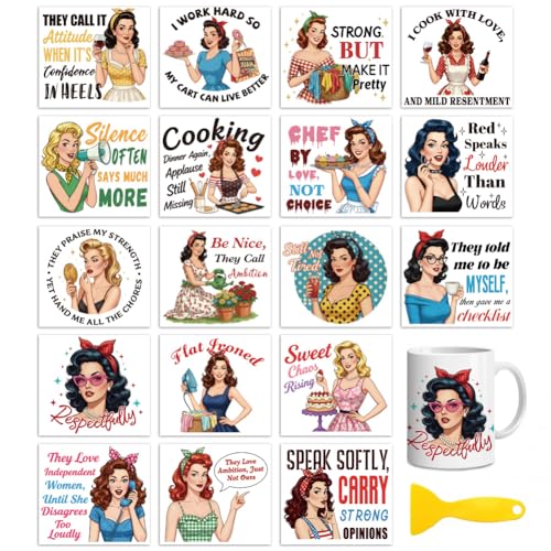 Peacoblue 18 Sheets Rub on Transfers for Crafts, Women with Humorous Quotes 3.6"x3.9" UV DTF Cup Wraps Waterproof Rub on Cold Transfers Stickers for Wood Glass Metal Cup Tumblers Mirrors Mugs Decor - style: Women with Humorous Quotes