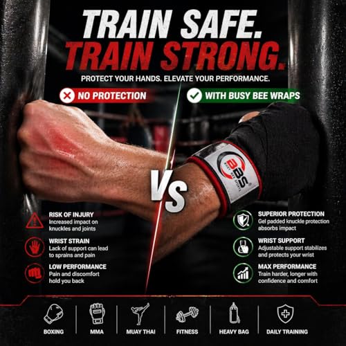 Busy Bee Sports Quick Hand Wraps for Boxing & MMA, Large Size (Snug Fit) – Gel Padded Inner Gloves with Wrist Support, Easy Slip-On Wraps for Men & Women, Breathable for Muay Thai & Kickboxing