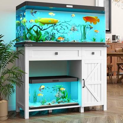 40 Gallon Fish Tank Stand with Power Outlets, Farmhouse Decorative Aquarium Stand Furniture with Adjustable Shelves and Drawer, Reptile Turtle Tank Stand with Cabinet Storage (White, 30-40GL)