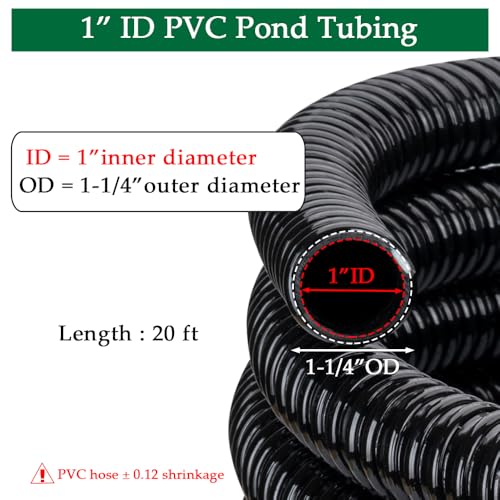 DAVCO 1" Dia. Corrugated Pond Tubing 1-Inch ID, 20 FT Length, Black PVC Kinkproof Strong Flex Vinyl Tubing for Pond Pump Fountain Garden Waterfall, Non-toxic - size: 1"ID