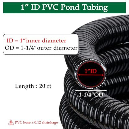 DAVCO 1" Dia. Corrugated Pond Tubing 1-Inch ID, 20 FT Length, Black PVC Kinkproof Strong Flex Vinyl Tubing for Pond Pump Fountain Garden Waterfall, Non-toxic - size: 1"ID