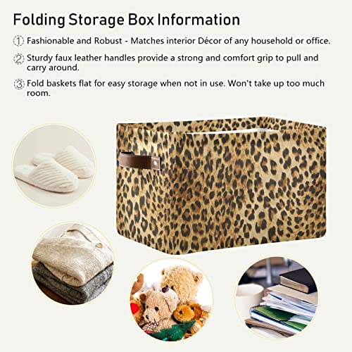 Leopard Print Storage Bin Animal Canvas Toys Storage Basket Bin Large Storage Cube Box Collapsible with Handles for Home Office Bedroom Closet Shelves，1 pc