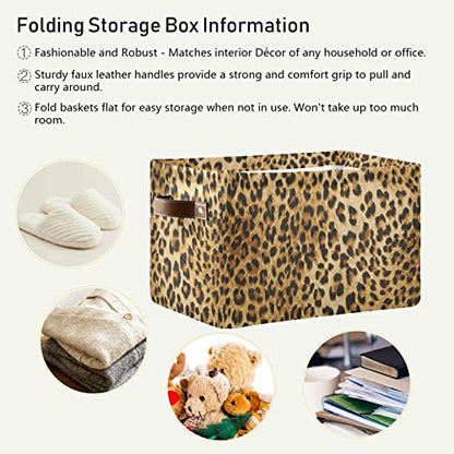Leopard Print Storage Bin Animal Canvas Toys Storage Basket Bin Large Storage Cube Box Collapsible with Handles for Home Office Bedroom Closet Shelves，1 pc