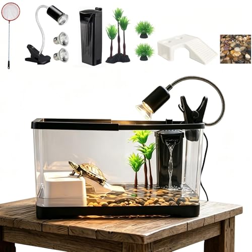 Large Turtle Tank Kit PC Aquarium Complete Turtle Tank Starter Kit with Lamp,Filter,Lid,Plants,Basking Platform for Turtles, Crabs,Fishes, Amphibians,Reptiles (15.4 x 8.5 x8.3 Inch) - size: 15.4 * 8.5 *8.3 Inch